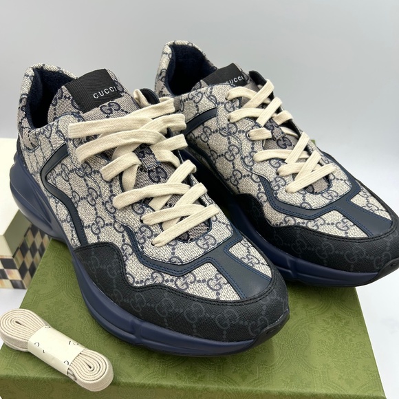 Men’s Gucci Rython  beige/blue monogram logo sneaker size 13 made in Italy - Picture 1 of 11